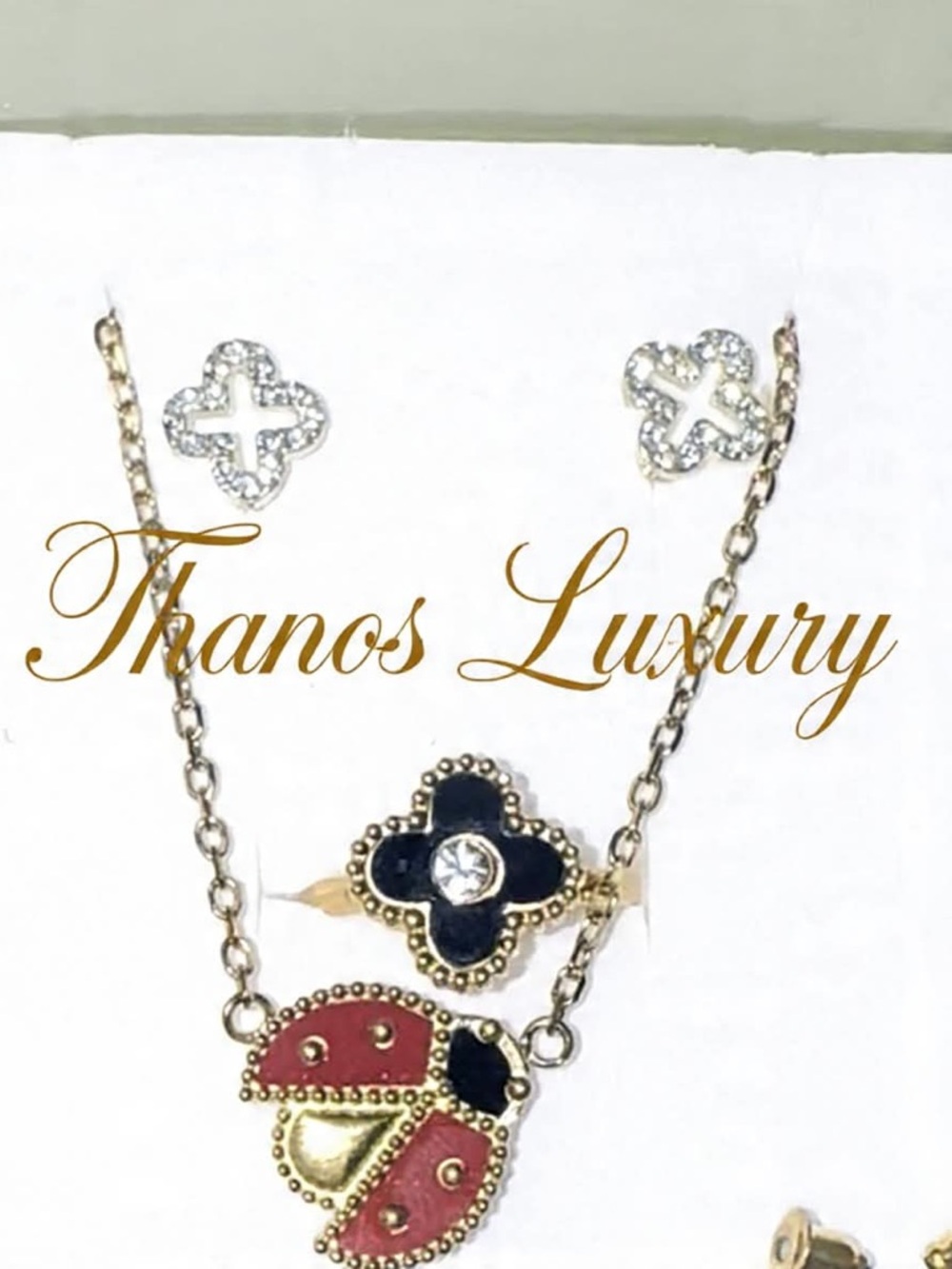 Gold-Tone Red Ladybug Pendant and Flower SET